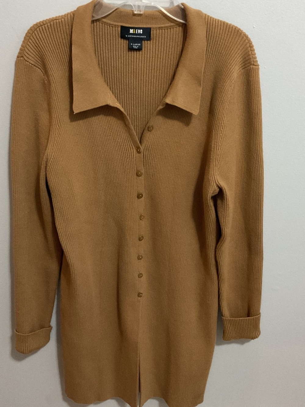 Maeve Ribbed Slim Fit Long Button Front Cardigan LS Sweater, XL,Color-Honey